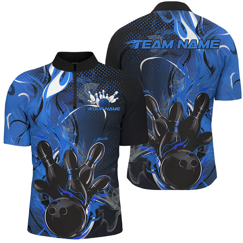 Black And Blue Custom Flame Bowling Quarter-Zip Shirts For Men, Fire Bowling Team Shirt IPHW8237