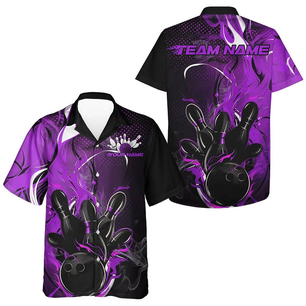 Black And Purple Custom Flame Bowling Hawaiian Shirts For Men, Fire Bowling Team Shirt IPHW8238