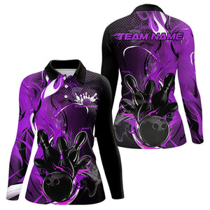 Black And Purple Custom Flame Bowling Womens Long Sleeve Polo Shirts, Bowling Team Shirt IPHW8238