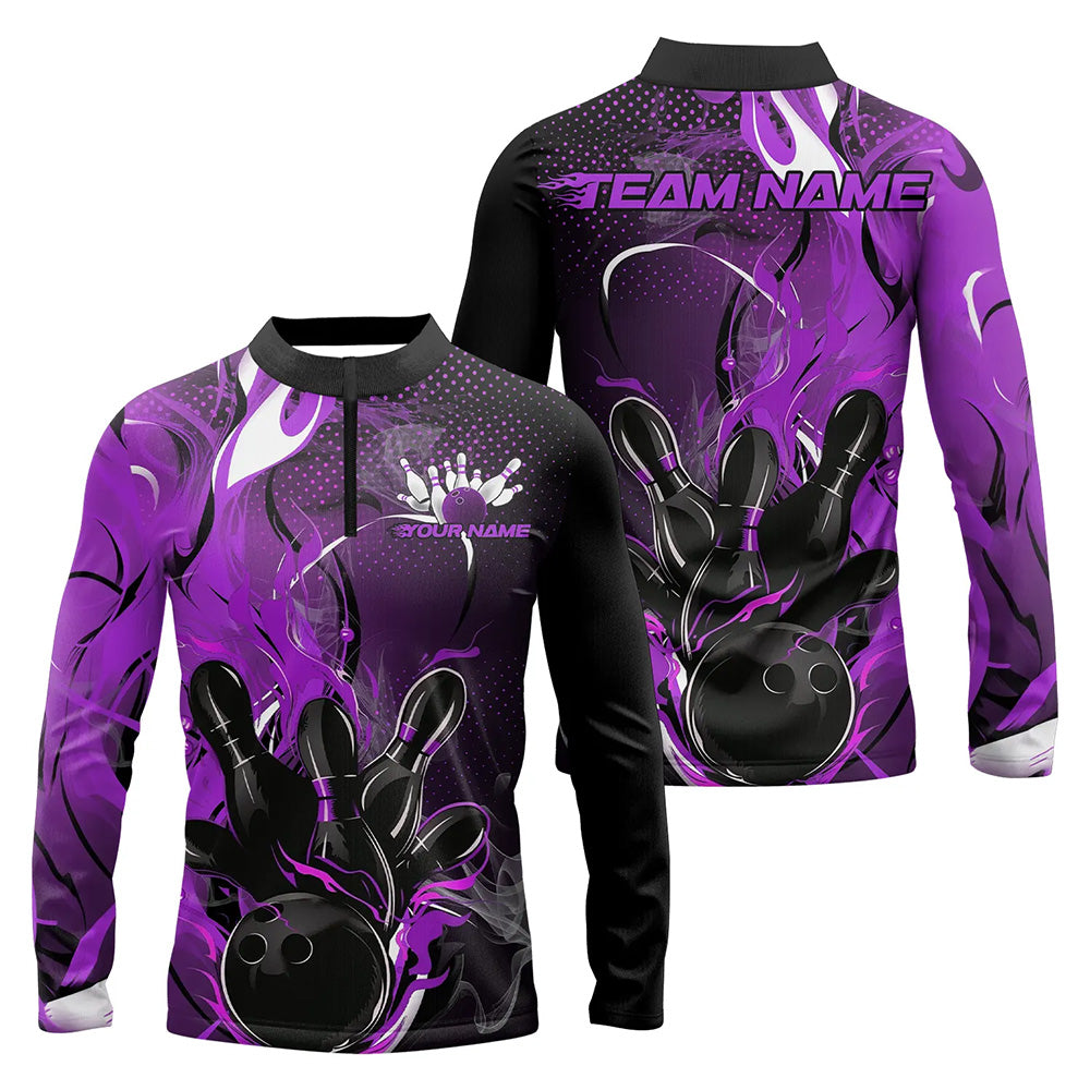 Black And Purple Custom Flame Bowling Long Sleeve Quarter-Zip Shirt For Men, Fire Bowling Team Shirt IPHW8238