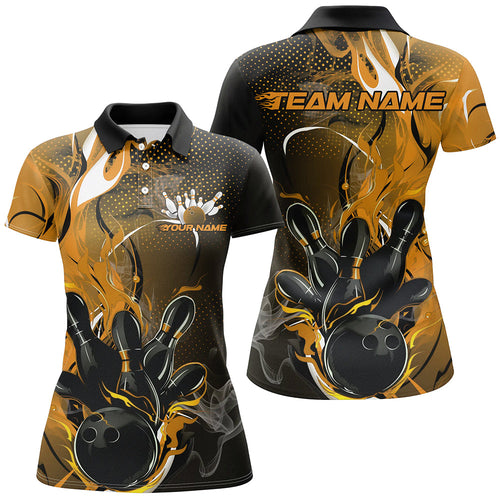 Black And Gold Custom Flame Bowling Polo Shirts For Women, Yellow Fire Bowling Team Shirt IPHW8239