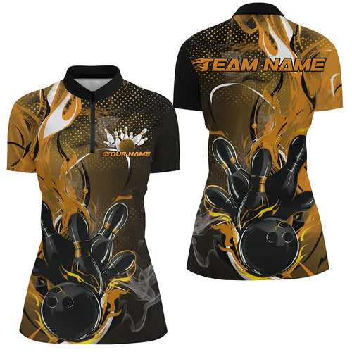 Black And Gold Custom Flame Bowling Quarter-Zip Shirts For Women, Fire Bowling Team Shirt IPHW8239