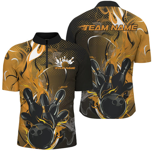 Black And Gold Custom Flame Bowling Quarter-Zip Shirts For Men, Yellow Fire Bowling Team Shirt IPHW8239