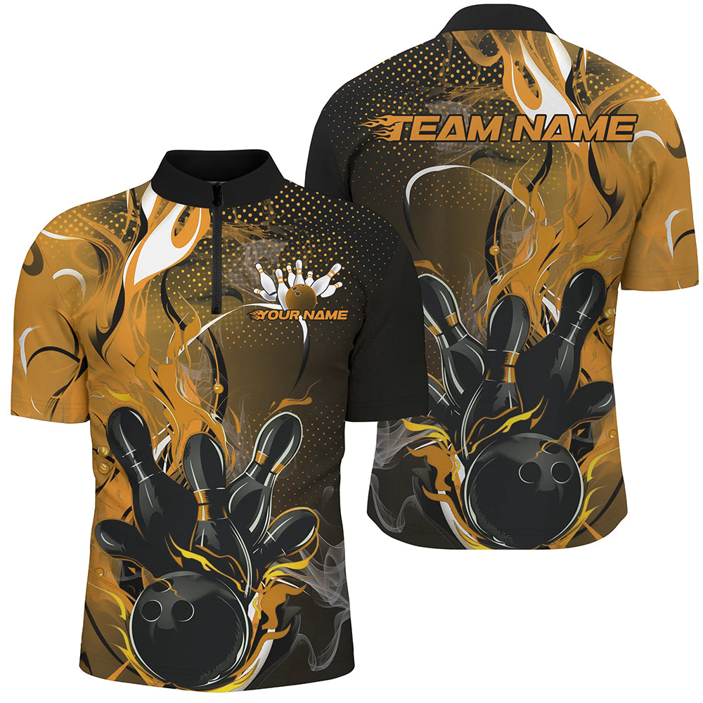 Black And Gold Custom Flame Bowling Quarter-Zip Shirts For Men, Yellow Fire Bowling Team Shirt IPHW8239