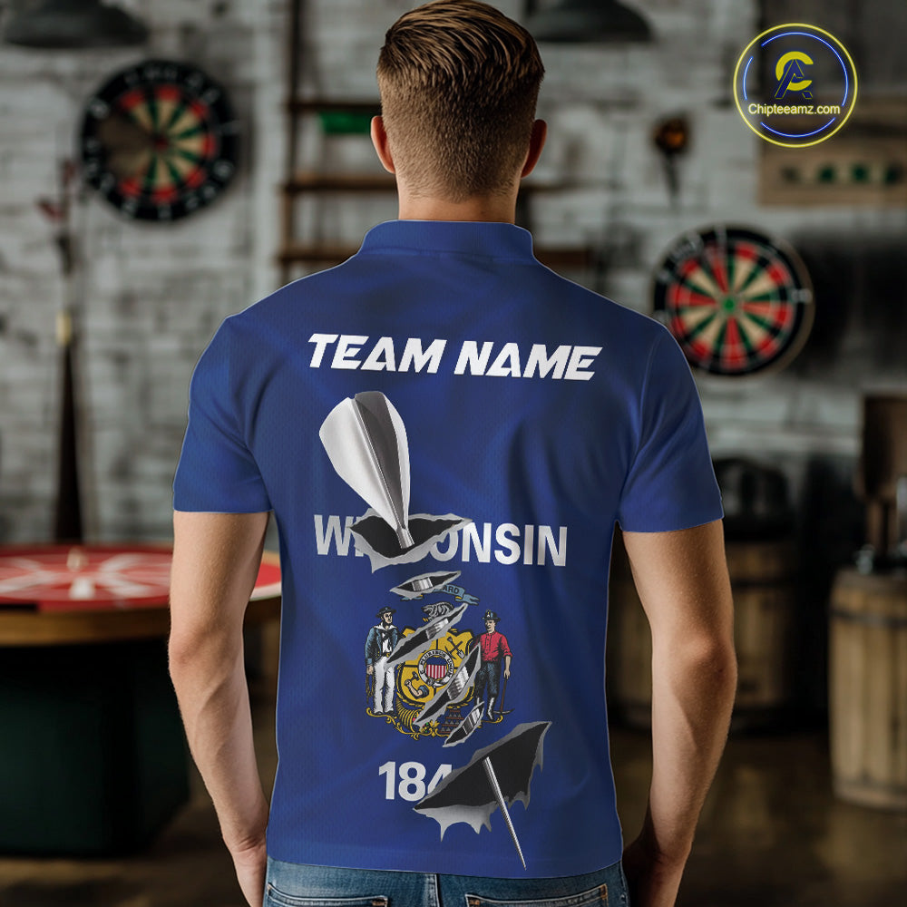 Custom Wisconsin State Flag Silver Dart Steel Tip Dart Men Polo Shirt, Dart Team Jerseys IPHW10560