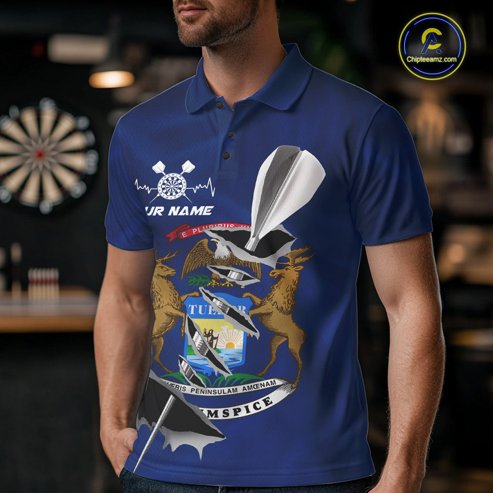 Custom Michigan State Flag Silver Dart Steel Tip Dart Men Polo Shirt, Dart Team Jerseys IPHW10564