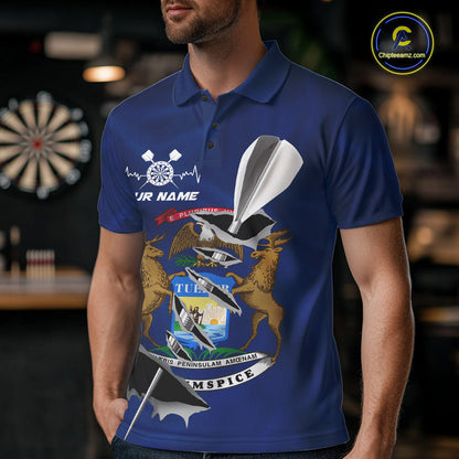 Custom Michigan State Flag Silver Dart Steel Tip Dart Men Polo Shirt, Dart Team Jerseys IPHW10564