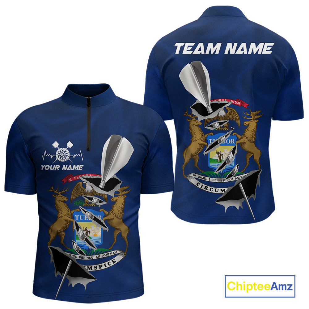 Custom Michigan State Flag Silver Dart Steel Tip Dart Men Quarter-Zip Shirt, Dart Team Jerseys IPHW10564