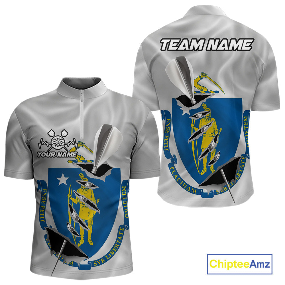 Custom Massachusetts State Flag Silver Dart Steel Tip Dart Men Quarter-Zip Shirt, Dart Jerseys IPHW10567