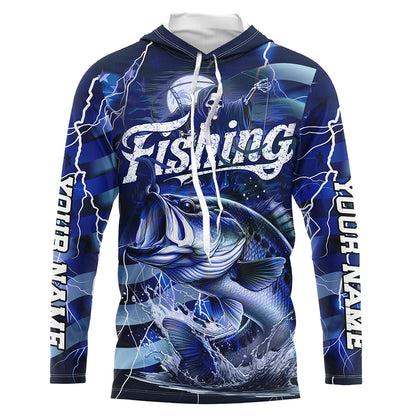 Blue Lightning American Flag Custom Bass Fishing Long Sleeve Shirts, Fish Reaper Fishing Jerseys IPHW6686