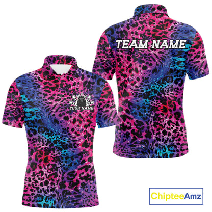 Front and back views of a blue, pink, purple, and black leopard-print bowling shirt with customizable “Your Name” and “Team Name” text.