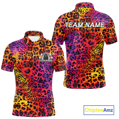 Front and back views of a yellow, orange, purple, and black leopard-print bowling shirt with customizable “Your Name” and “Team Name” text.