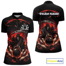 Load image into Gallery viewer, Front and back view of a women's bowling quarter zip mockup featuring a grim reaper reaching through swirling flames to command a blazing bowling ball crashing into scattered pins on a black and red shirt.