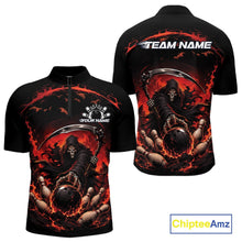 Load image into Gallery viewer, Front and back view of a men's bowling quarter zip shirt mockup featuring a grim reaper commanding a blazing bowling ball crashing through scattered pins amid swirling flames on a black and red shirt.