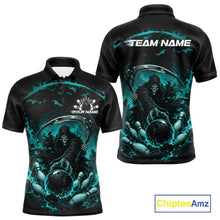 Load image into Gallery viewer, Front and back view of a men's bowling polo shirt mockup featuring a grim reaper reaching through swirling flames to command a blazing bowling ball crashing into scattered pins on a black and cyan blue shirt.