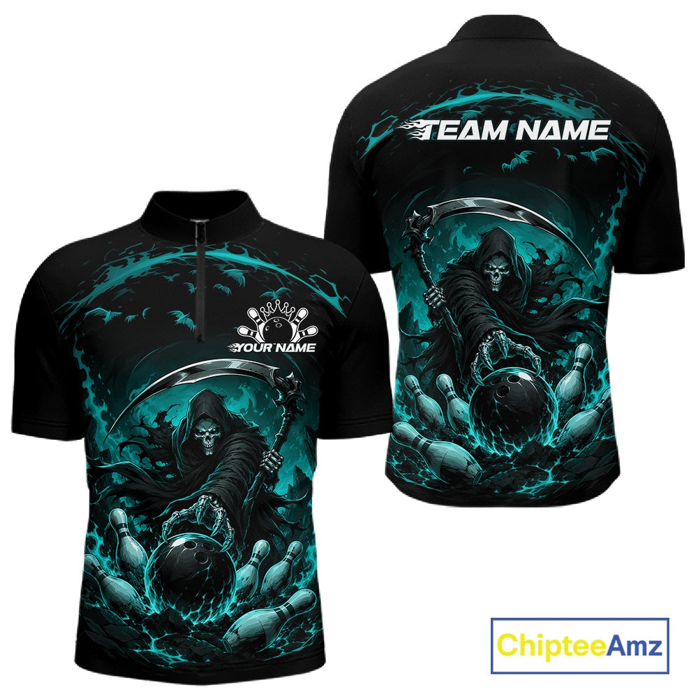 Front and back view of a men's bowling quarter zip shirt mockup showcasing a grim reaper reaching through swirling flames to command a blazing bowling ball crashing into scattered pins on a black and cyan blue shirt.