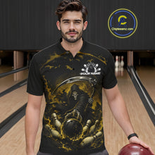 Load image into Gallery viewer, Front view of a male model wearing a black and yellow bowling polo shirt featuring a grim reaper commanding a blazing bowling ball crashing through scattered pins amid swirling flames in a bowling lane.