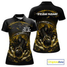 Load image into Gallery viewer, Front and back view of a women's bowling polo shirt mockup featuring a grim reaper reaching through swirling flames to command a blazing bowling ball crashing into scattered pins on a black and yellow shirt.