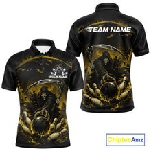 Load image into Gallery viewer, Front and back view of a men's bowling polo shirt mockup featuring a grim reaper reaching through swirling flames to command a blazing bowling ball crashing into scattered pins on a black and yellow shirt.