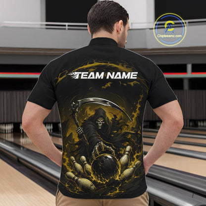 Front view of a male model wearing a black and yellow bowling quarter zip shirt featuring a grim reaper commanding a blazing bowling ball crashing through scattered pins amid swirling flames in a bowling lane.