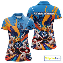 Load image into Gallery viewer, Front and back view of a women's bowling polo shirt mockup showcasing a crowned cartoon bowling ball with a royal scepter, animated bowling pins, and vibrant paint splash artwork.