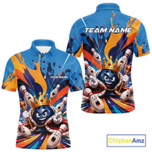 Load image into Gallery viewer, Front and back view of a men's bowling polo shirt mockup featuring a crowned cartoon bowling ball with a royal scepter, animated bowling pins, and colorful paint splash artwork.