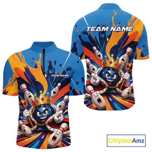 Front and back view of a men's bowling quarter zip shirt mockup featuring a crowned cartoon bowling ball holding a royal scepter surrounded by animated bowling pins and colorful paint splashes.