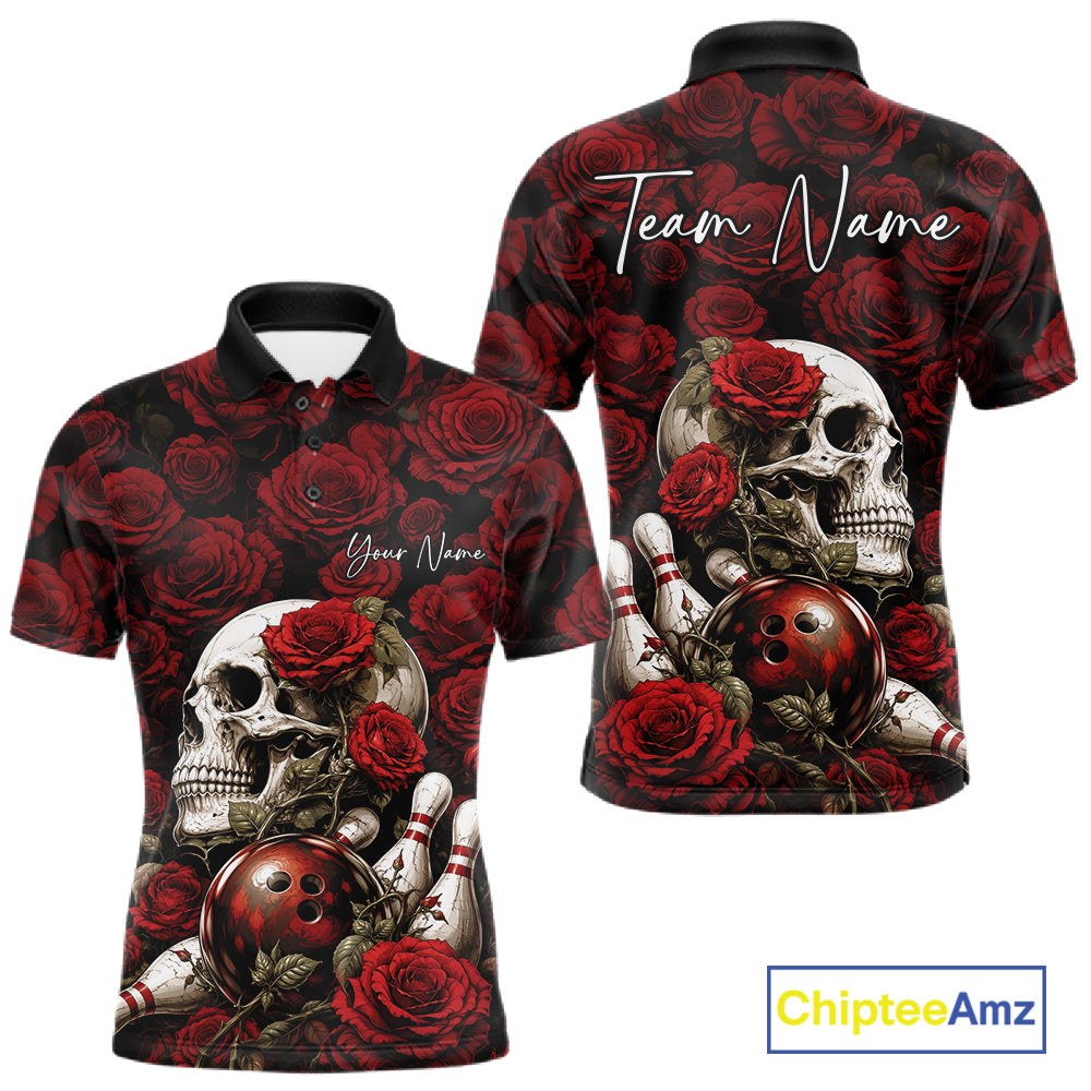 Custom Red Roses And Skull Halloween Bowling Jersey Men Polo Shirt IPHW11970