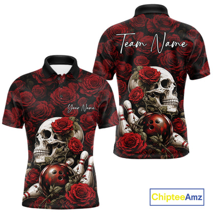 Custom Red Roses And Skull Halloween Bowling Jersey Men Polo Shirt IPHW11970