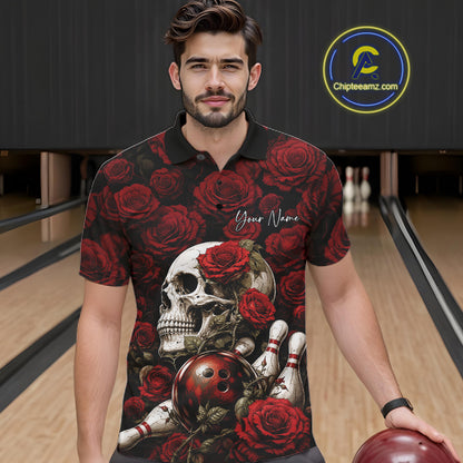 Custom Red Roses And Skull Halloween Bowling Jersey Men Polo Shirt IPHW11970