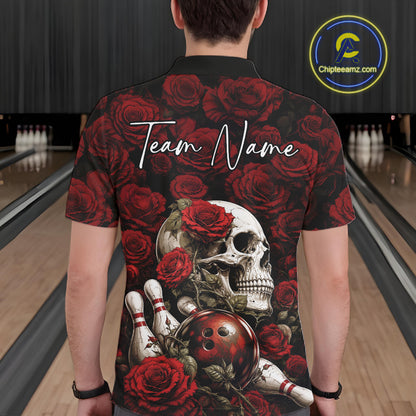Custom Red Roses And Skull Halloween Bowling Jersey Men Polo Shirt IPHW11970