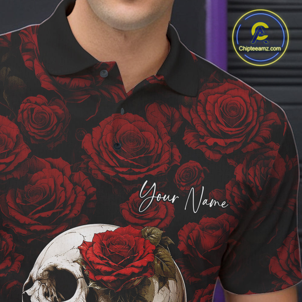 Custom Red Roses And Skull Halloween Bowling Jersey Men Polo Shirt IPHW11970