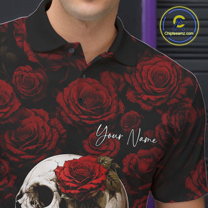 Custom Red Roses And Skull Halloween Bowling Jersey Men Polo Shirt IPHW11970