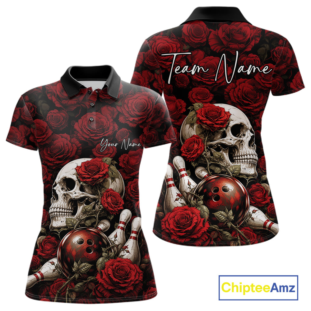 Custom Red Roses And Skull Halloween Bowling Jersey Women Polo Shirt IPHW11970