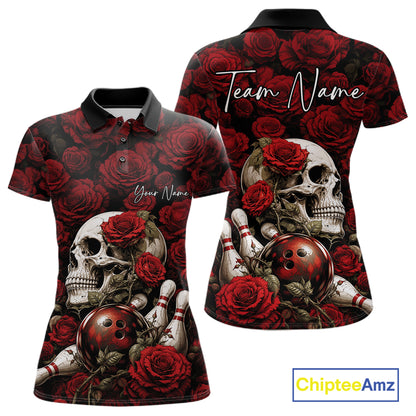 Custom Red Roses And Skull Halloween Bowling Jersey Women Polo Shirt IPHW11970