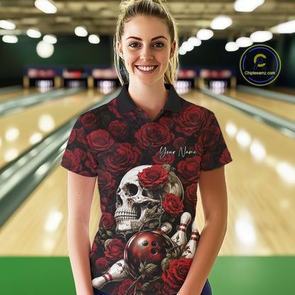 Custom Red Roses And Skull Halloween Bowling Jersey Women Polo Shirt IPHW11970
