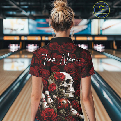 Custom Red Roses And Skull Halloween Bowling Jersey Women Polo Shirt IPHW11970