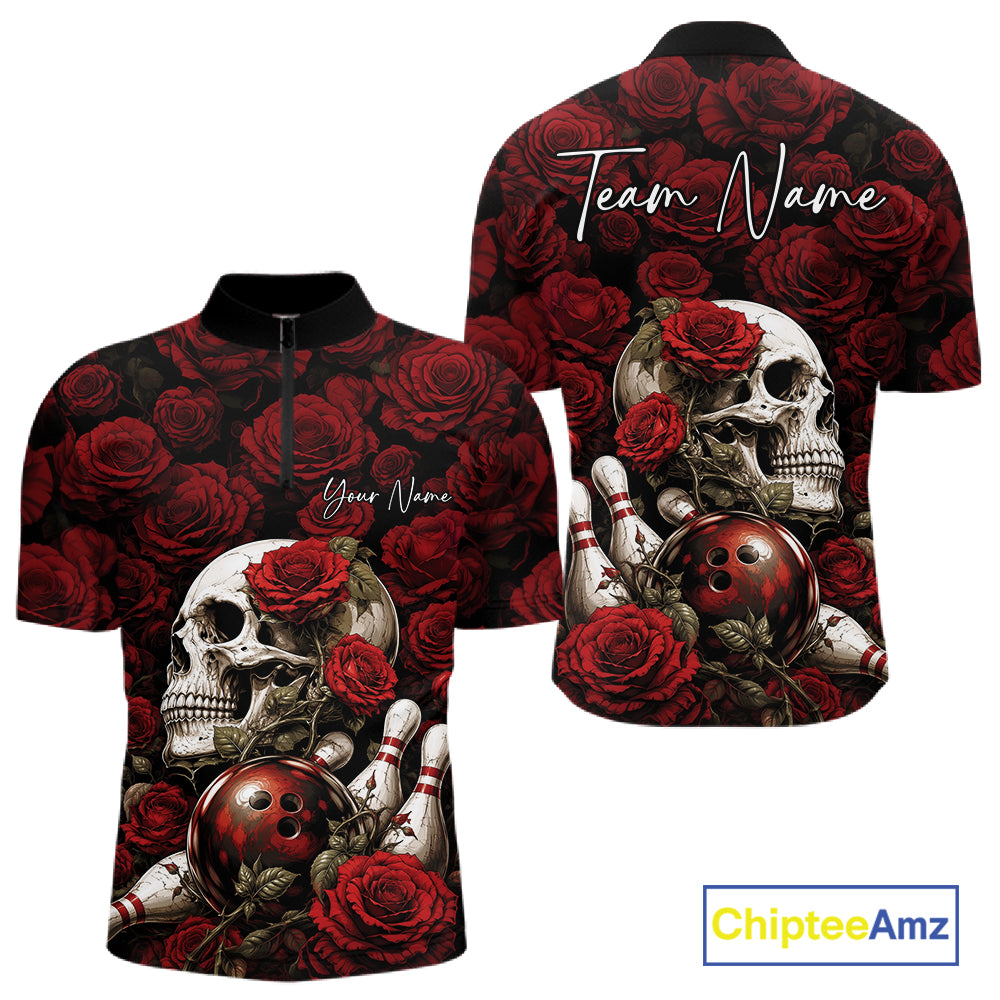 Custom Red Roses And Skull Halloween Bowling Jersey Men Quarter Zip Shirt IPHW11970