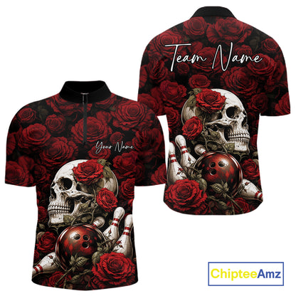 Custom Red Roses And Skull Halloween Bowling Jersey Men Quarter Zip Shirt IPHW11970