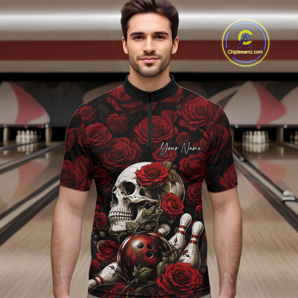 Custom Red Roses And Skull Halloween Bowling Jersey Men Quarter Zip Shirt IPHW11970