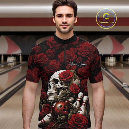 Custom Red Roses And Skull Halloween Bowling Jersey Men Quarter Zip Shirt IPHW11970
