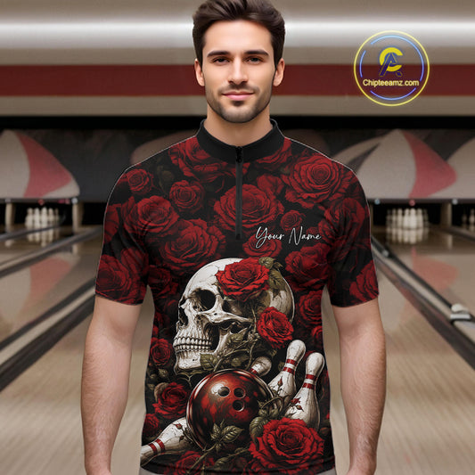Custom Red Roses And Skull Halloween Bowling Jersey Men Quarter Zip Shirt IPHW11970