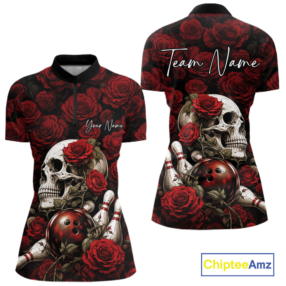 Custom Red Roses And Skull Halloween Bowling Jersey Women Quarter-Zip Shirt IPHW11970
