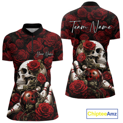 Custom Red Roses And Skull Halloween Bowling Jersey Women Quarter-Zip Shirt IPHW11970