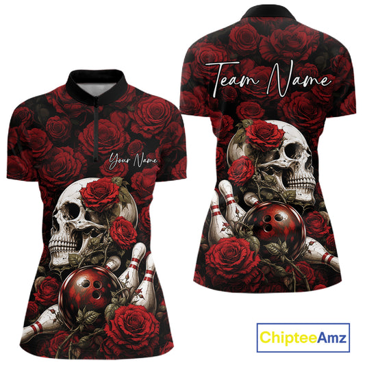 Custom Red Roses And Skull Halloween Bowling Jersey Women Quarter-Zip Shirt IPHW11970