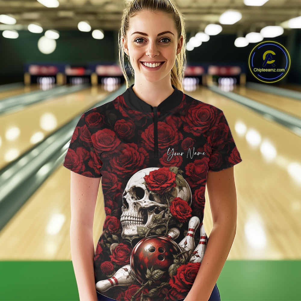 Custom Red Roses And Skull Halloween Bowling Jersey Women Quarter-Zip Shirt IPHW11970
