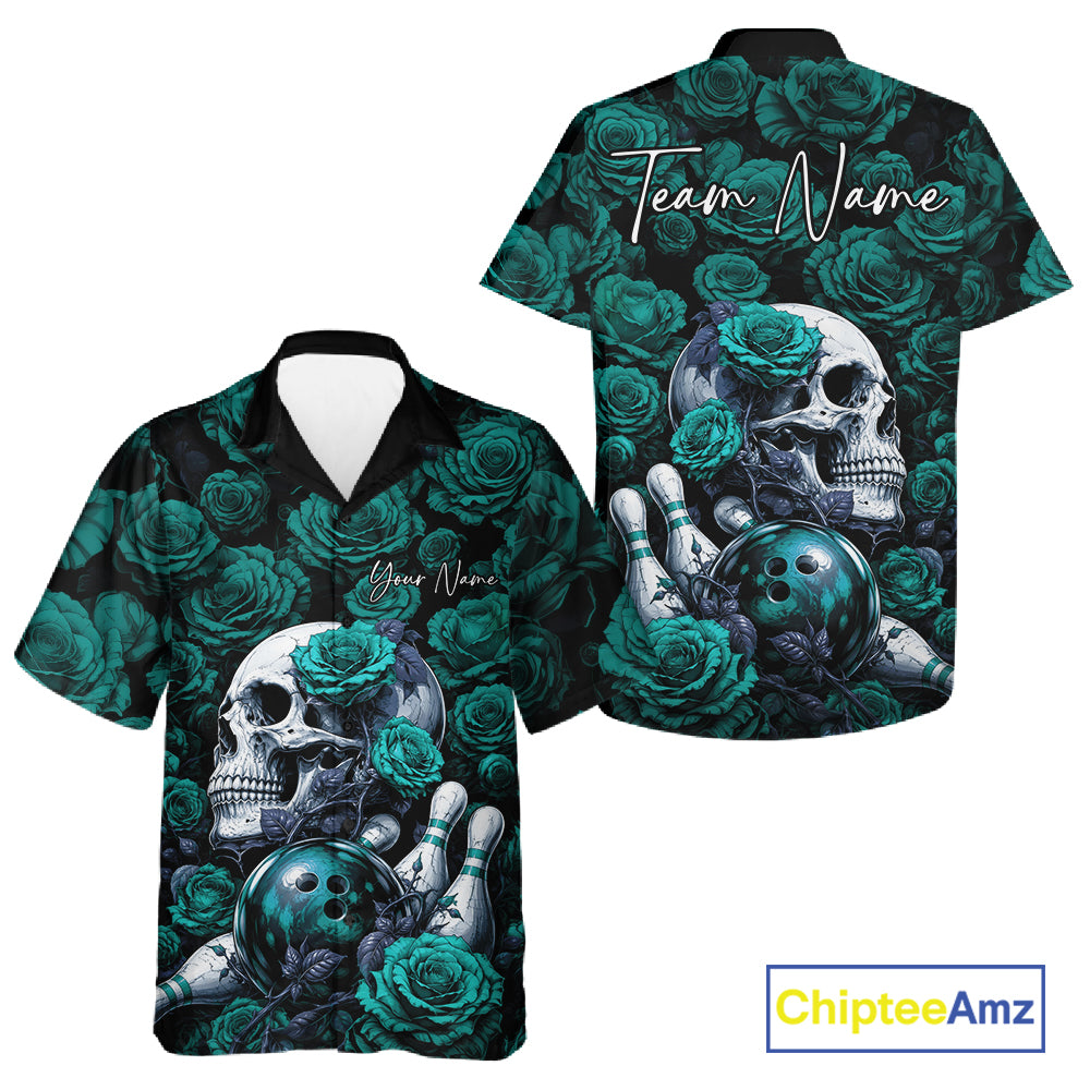 Custom Turquoise Blue Roses And Skull Halloween Bowling Jersey Men And Women Button Up Shirt IPHW11971