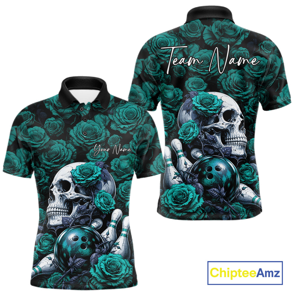 Custom Turquoise Blue Roses And Skull Halloween Bowling Jersey Men Polo Shirt IPHW11971