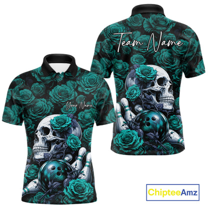 Custom Turquoise Blue Roses And Skull Halloween Bowling Jersey Men Polo Shirt IPHW11971