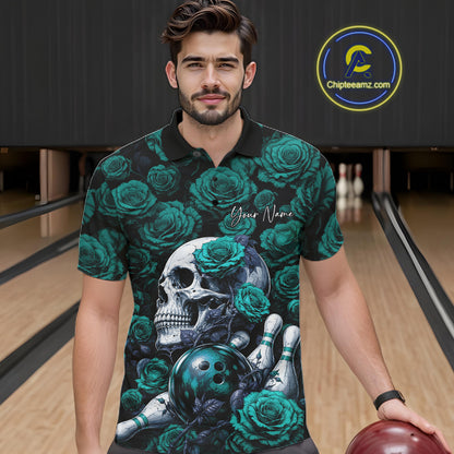 Custom Turquoise Blue Roses And Skull Halloween Bowling Jersey Men Polo Shirt IPHW11971
